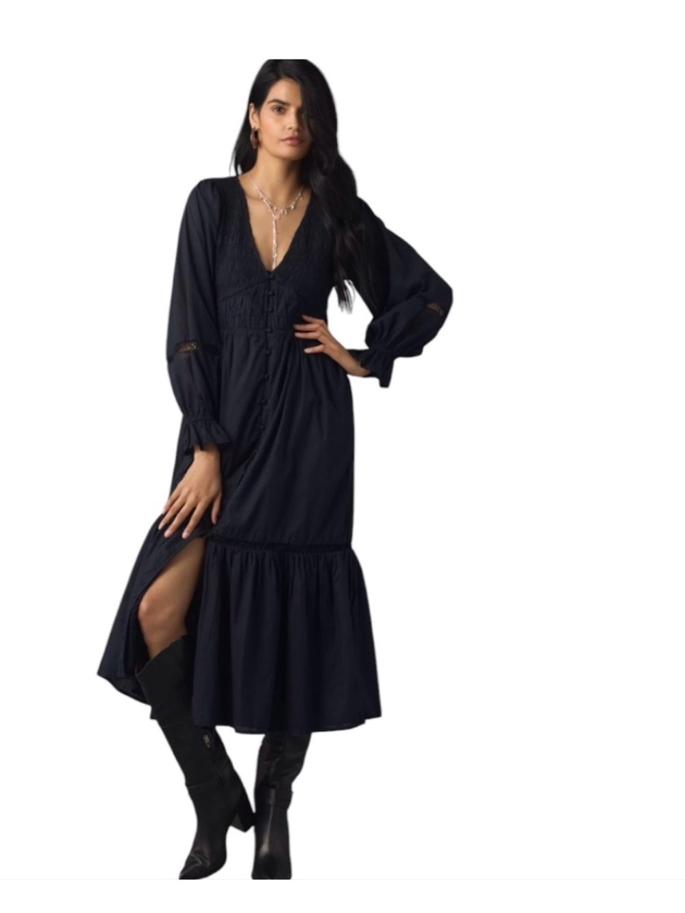 By Anthropologie Peregrine Prairie Peasant Boho Midi Dress Long-Sleeve Navy XL